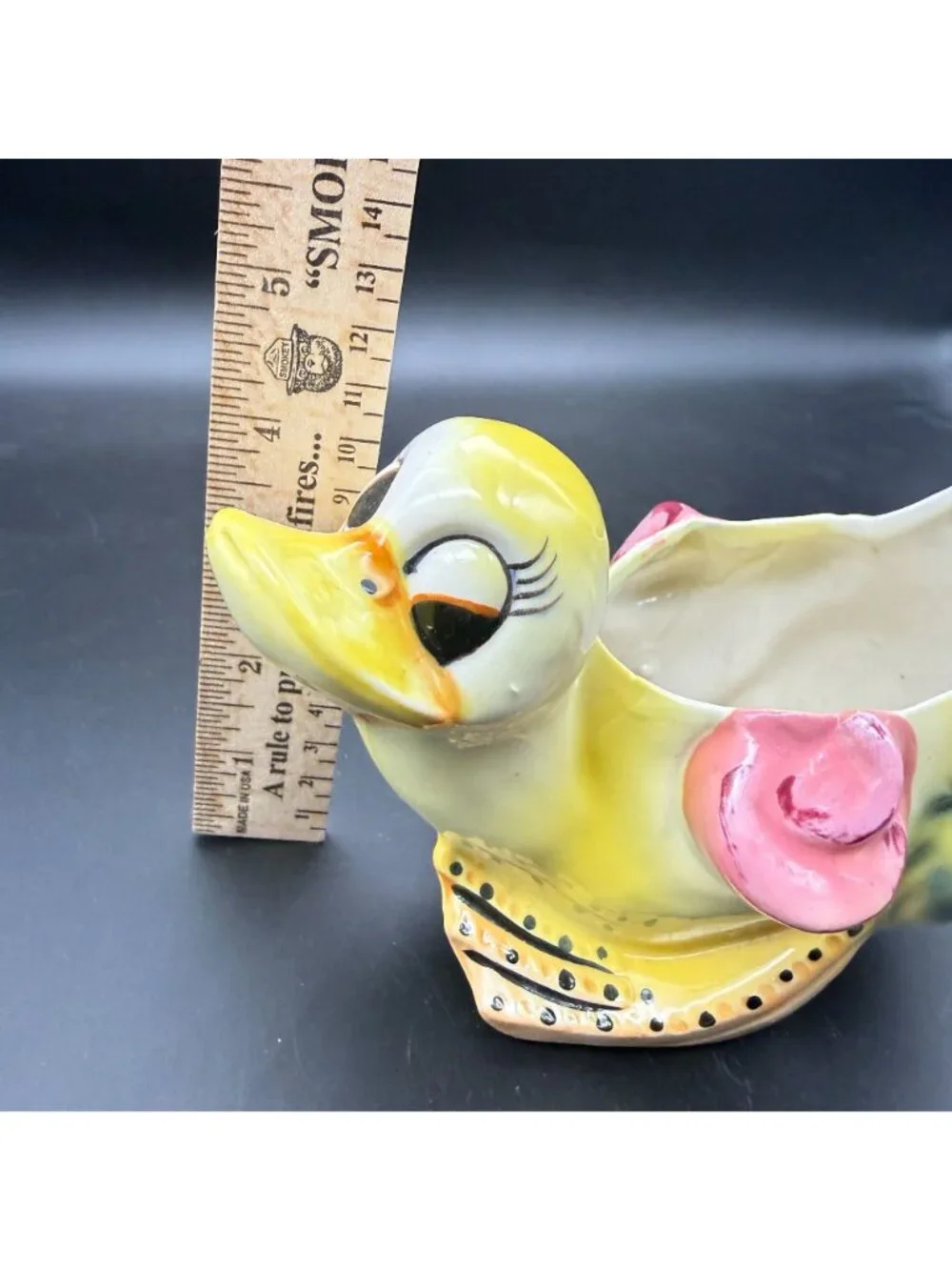 Vintage Duck Planter Ceramic Pottery Big Side Eyes Kitsch Nursery Decor Yellow